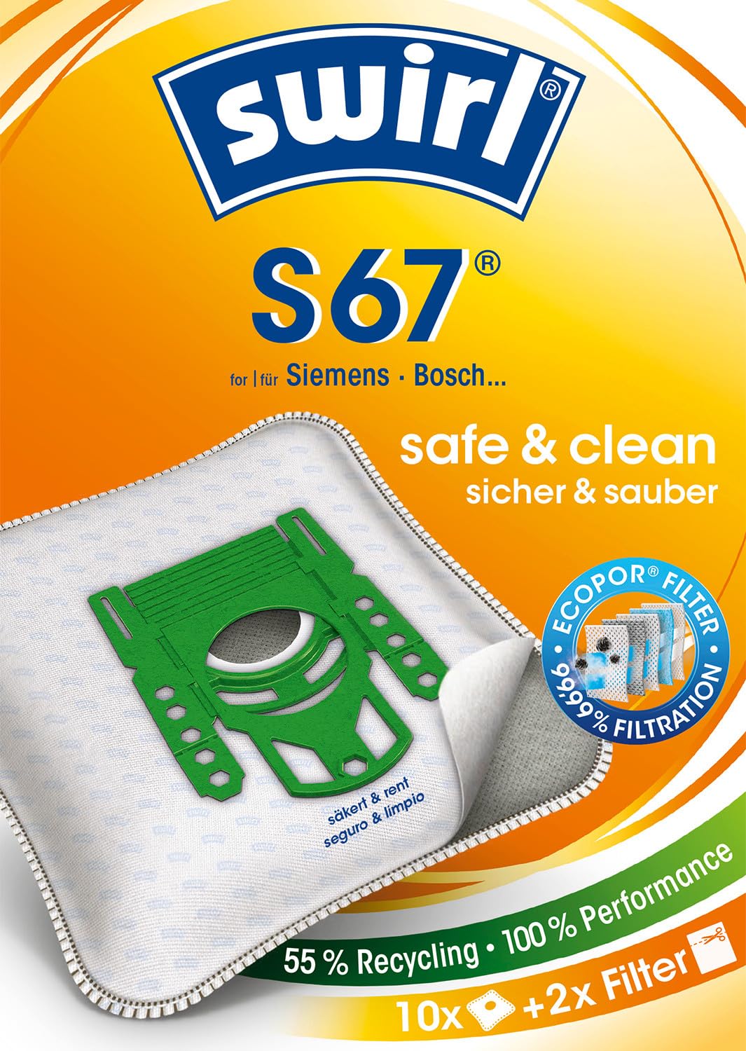 Swirl S 67 AirSpace Vacuum Cleaner Bags for Siemens and Bosch, Absorbent, Lockable Holding Plate, 4 bags + 1 filter