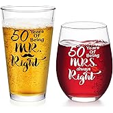 Futtumy 50th Anniversary Glass Gifts Set, 50 Years of Being Mr Right & Mrs Always Right 17oz Wine 15oz Beer Glass, 50th Wedding Anniversary for Wife Husband Couple Parents Grandparents Friends