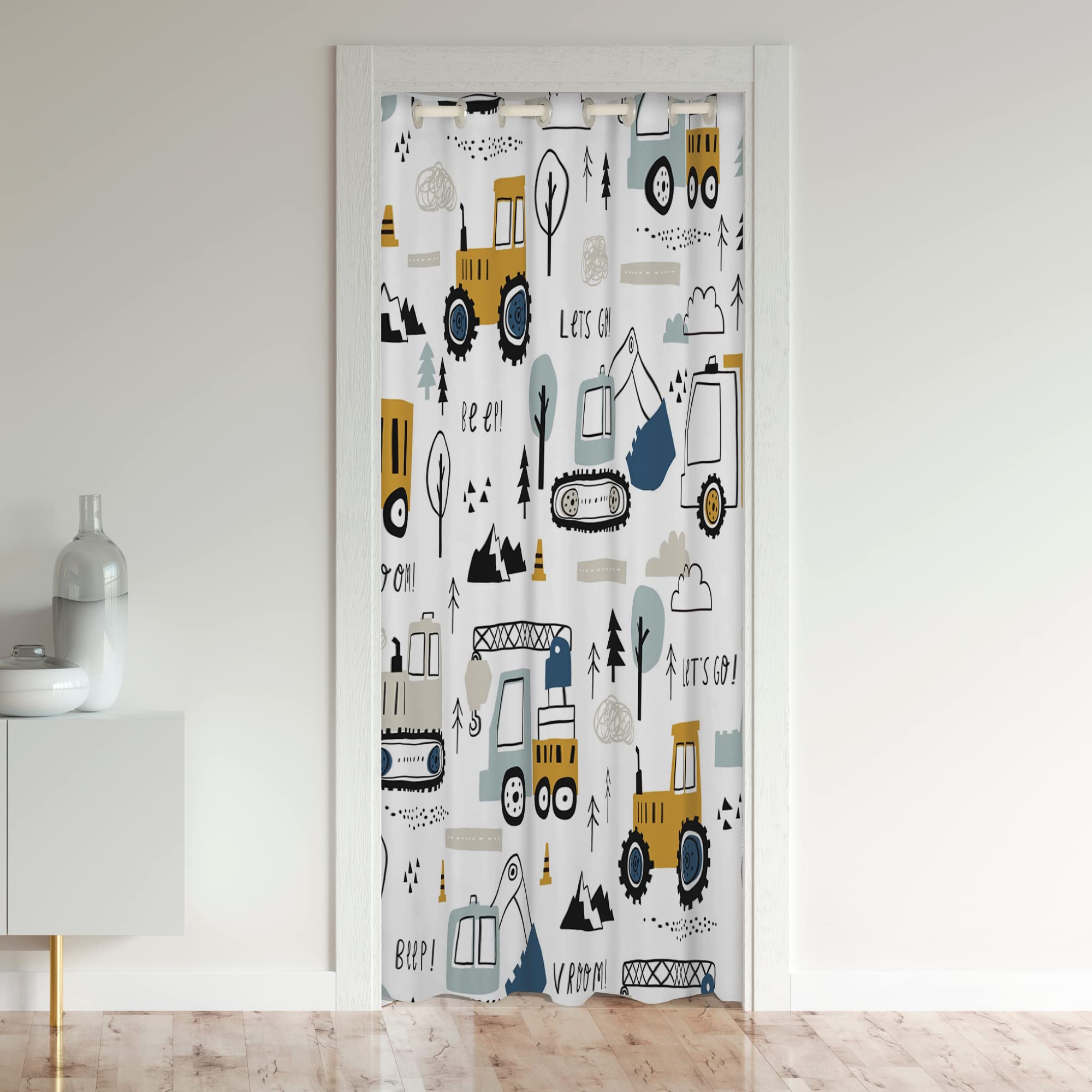 Construction Door Curtain for Doorway Privacy,Cartoon Equipment Trucks 30%-50% Room Darkening Blackout Curtain,Car Excavator Tractor Vehicles White Room Divider Curtain Cover,132x203cm 1 Panel