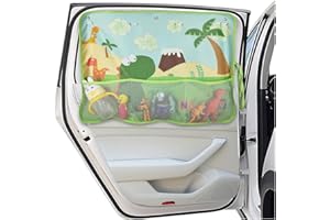 GLSOWEE Car Window Shade for Baby, Blackout Car Window Curtain with Storage Pockets & 7 Suction Cups, Cartoon Pattern Cars Side Window Sun Shade Cover for Sun/Heat/UV Rays Protection (Green-Dinosaurs)