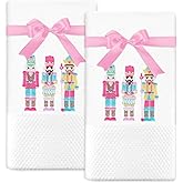 JarThenaAMCS 2 Pack Christmas Hand Towels Cotton Embroidered Nutcracker Bathroom Towel with Pink Ribbon Decorative Dish Towel for Hand Drying Cleaning Cooking Gift, 29.5 x 13.7 Inch