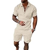 UOUA Mens Summer Track Suits 2 Piece Shorts Sets Short Sleeve Sweatsuit Outfits 1/4 Zip Golf Polo Shirts Loungewear