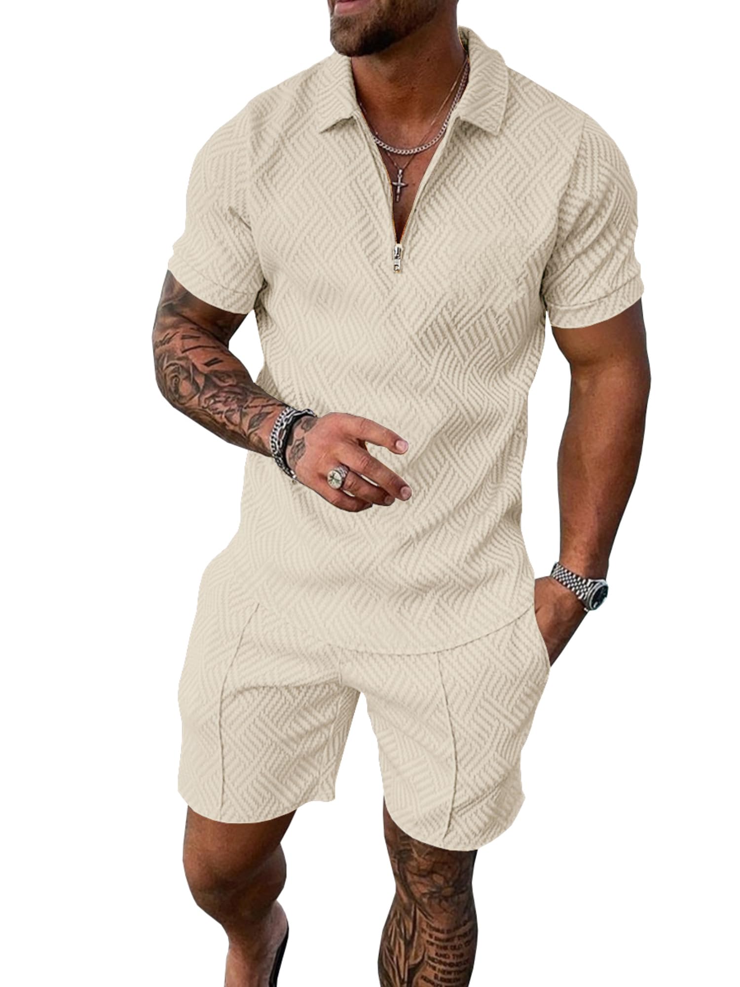 Photo 1 of UOUA Mens Track Suits 2 Piece Sets Short Sleeve Sweatsuit Outfits Casual Quarter Zip Golf Polo Shirts & Summer Jogger Shorts Loungewear Outdoor Beige XL