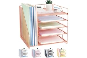 LEKETREE Desk Organizers and Accessories, 5-Tier Paper Letter Tray Organizer with File Holder, Desktop Organizer for Office Supplies, Office Desk Accessories & Workspace (Rose Gold, 5-Tier)