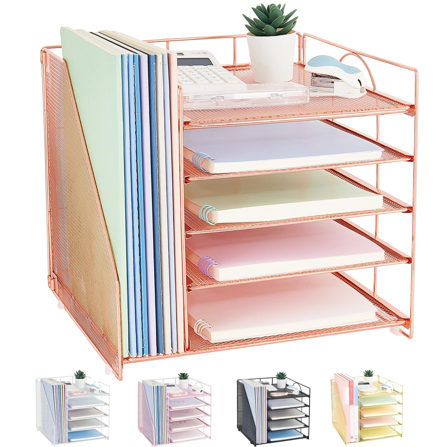 Photo 1 of LEKETREE Desk Organizers and Accessories, 5-Tier Paper Letter Tray Organizer with File Holder, Desktop Organizer for Office Supplies, Office Desk Accessories & Workspace (Rose Gold)