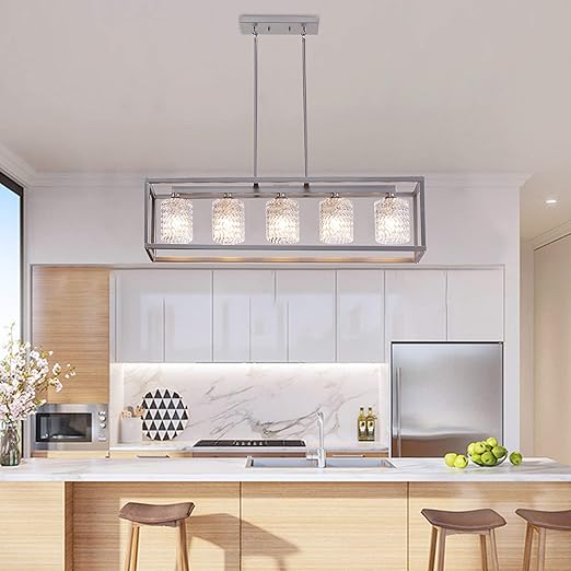 Vanity Art Elegant Cut Crystal 5 Lights Linear Pendant Chandelier Light Clear Glass Shade Indoor Ceiling Light Fixture For Kitchen Dining Room Va10015as Amazon Com