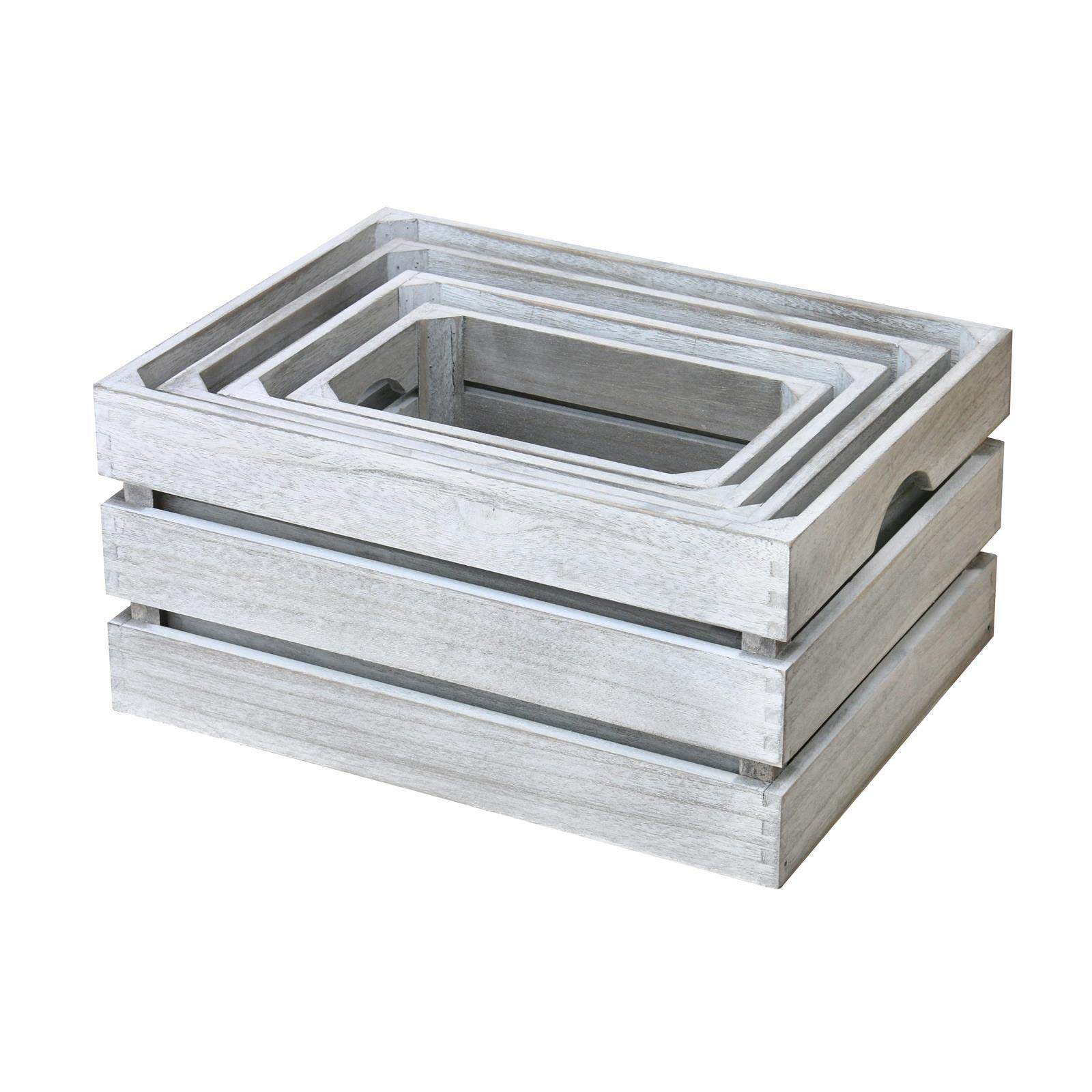 Hodge and Hodge Vintage Wooden Crate Set of 4 Slatted Fruit Boxes with Handles Natural Whitewash Finish