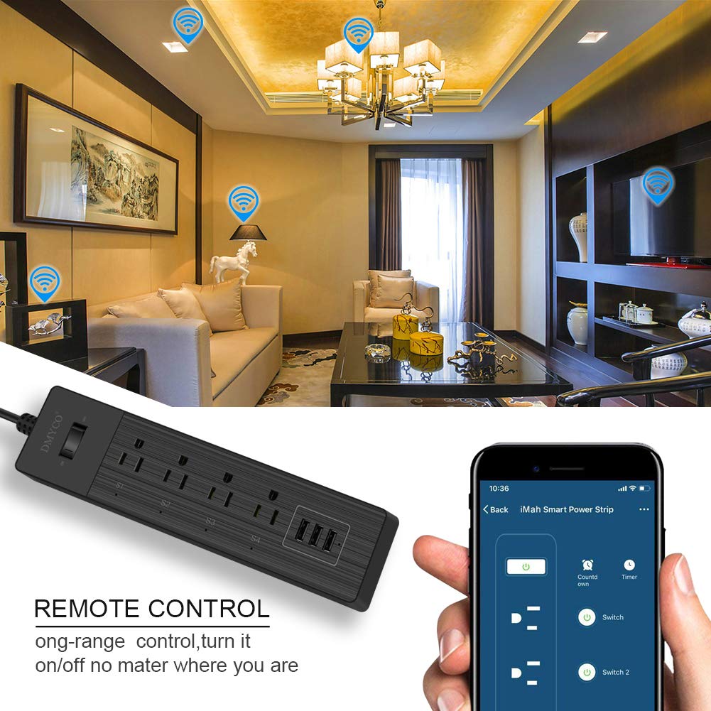 WiFi Smart Power Strip，Multiple Outlet Surge Protector USB Bar，with 3 USB Ports 4 Smart Outlets Overload Switch and 6FT UL Cord, Remote Control, Compatible with Alexa Echo, Google Home and IFTTT