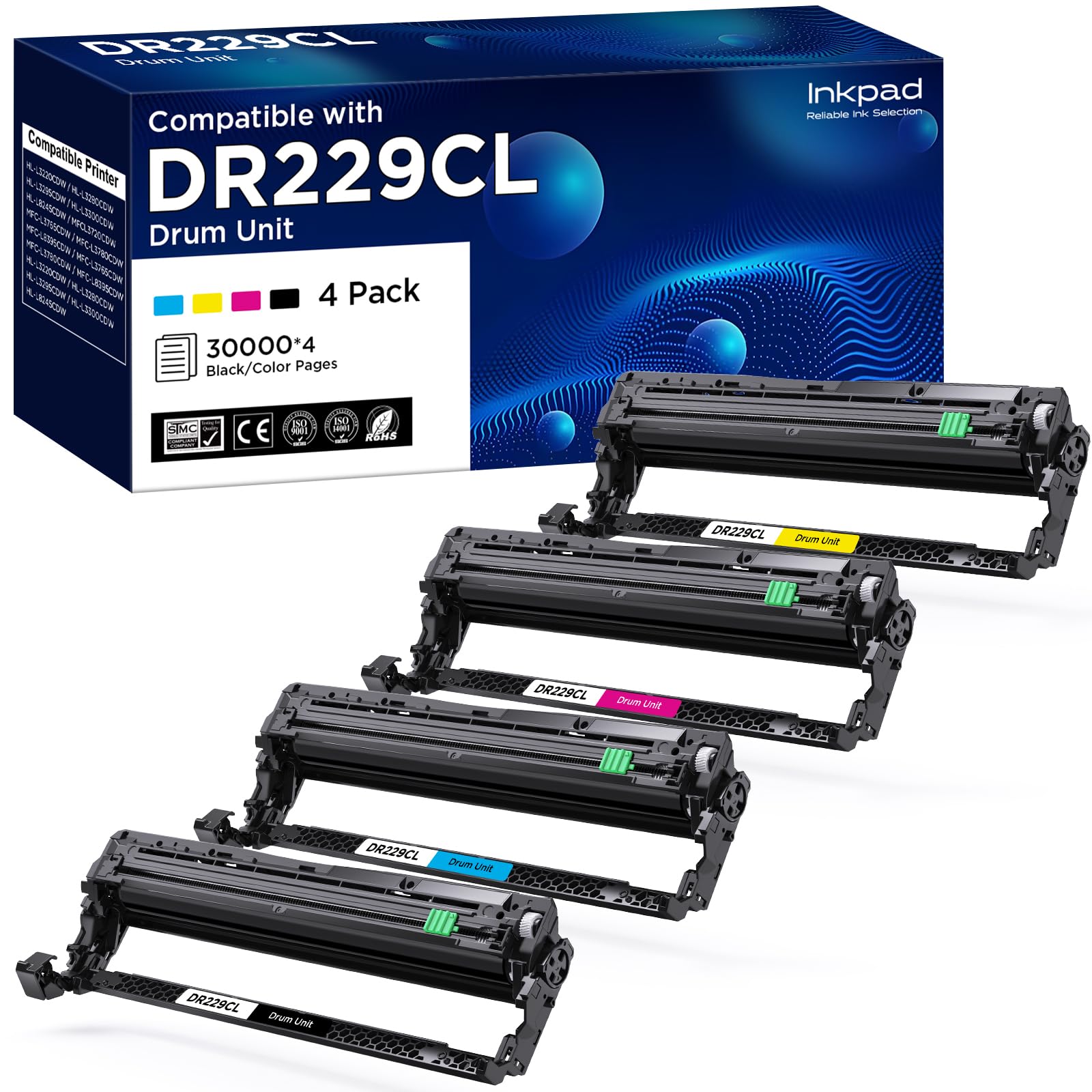 Photo 1 of Compatible DR229CL Drum Unit (NOT Toner) Replacement for Brother DR-229CL DR229 TN229XL Work for MFC-L3720CDW MFC-L3765CDW MFC-L3780CDW HL-L3220CDW HL-3280CDW HL-L3295CDW Printer (4 Pack)