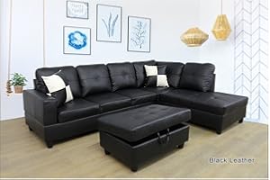 A Ainehome Sectional Sofa Faux Leather Modern L Shaped Couch Set 103.5”Wide Including Chaise and 3 Seating Sofa with Storage Ottoman for Living Room Furniture (Right Hand Facing, B-Black)