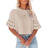 Yuccalley Women's Lace Short Sleeve Crop Tops Summer Casual Round Neck Tees