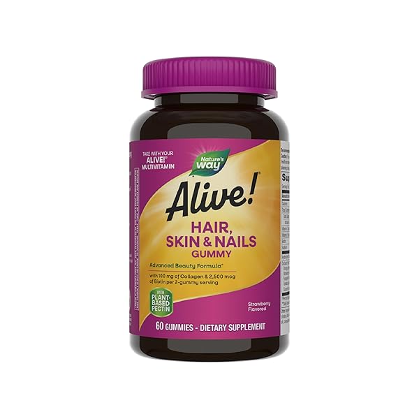 NATURE’S WAY ALIVE! HAIR, SKIN & NAILS GUMMIES, ADVANCED BEAUTY FORMULA*, WITH BIOTIN AND COLLAGEN, STRAWBERRY FLAVORED, 60 GUMMIES (PACKAGING MAY VARY)