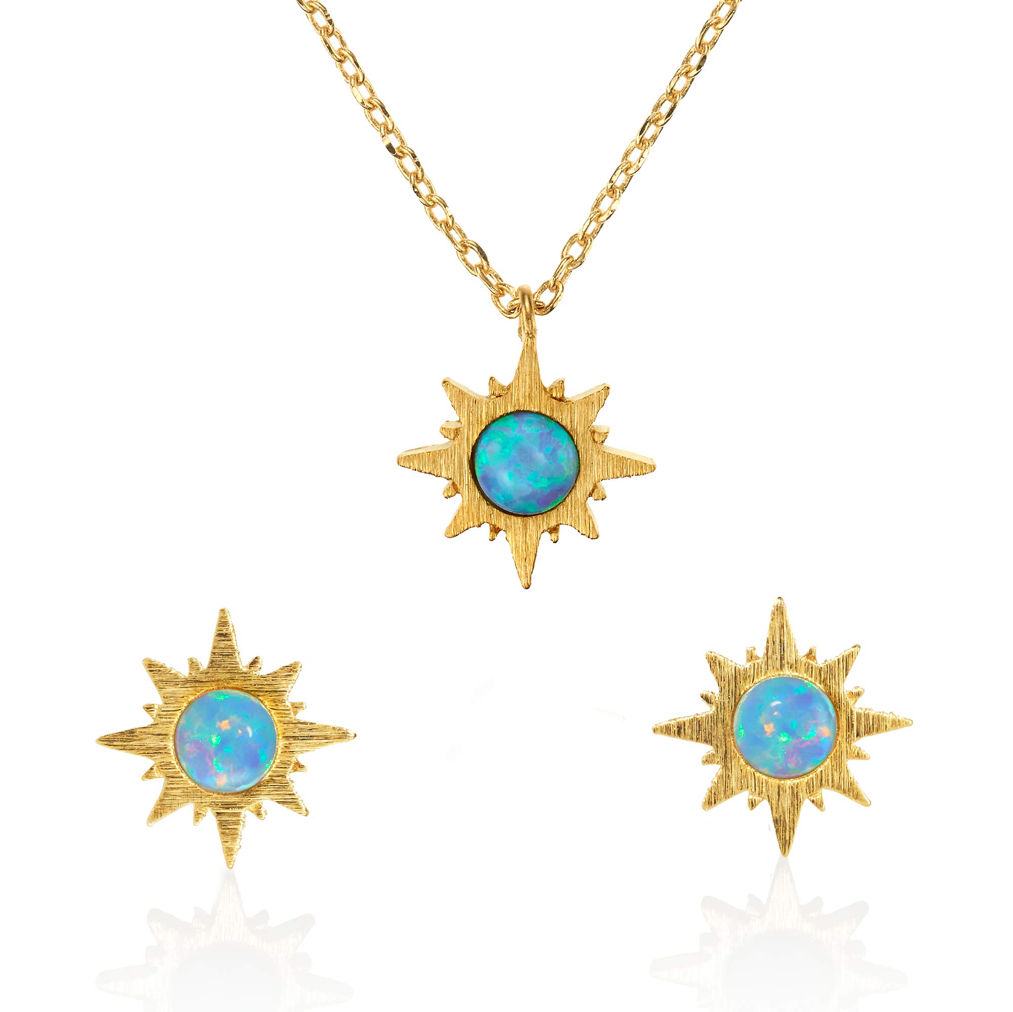 Namana Sunburst Opal Pendant Necklace and Stud Earrings Set for Women. Dainty Brushed Finish Gold Jewellery Set for Women with Synthetic Opals. Opal Jewellery Sets for Women with Gift Box
