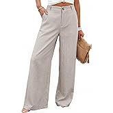 Hooever Womens Cotton Linen Pants Casual Button Up High Waisted Wide Leg Trousers