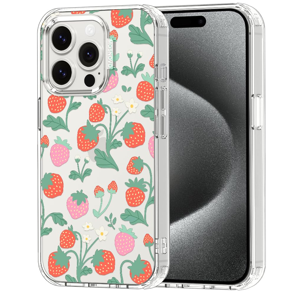 MOSNOVO Case for iPhone 15 Pro, [Buffertech 6.6ft Military-Grade Drop Protection] [Anti Peel Off Tech] Clear TPU Bumper Phone Case Cover Design - Strawberry Garden — image 1