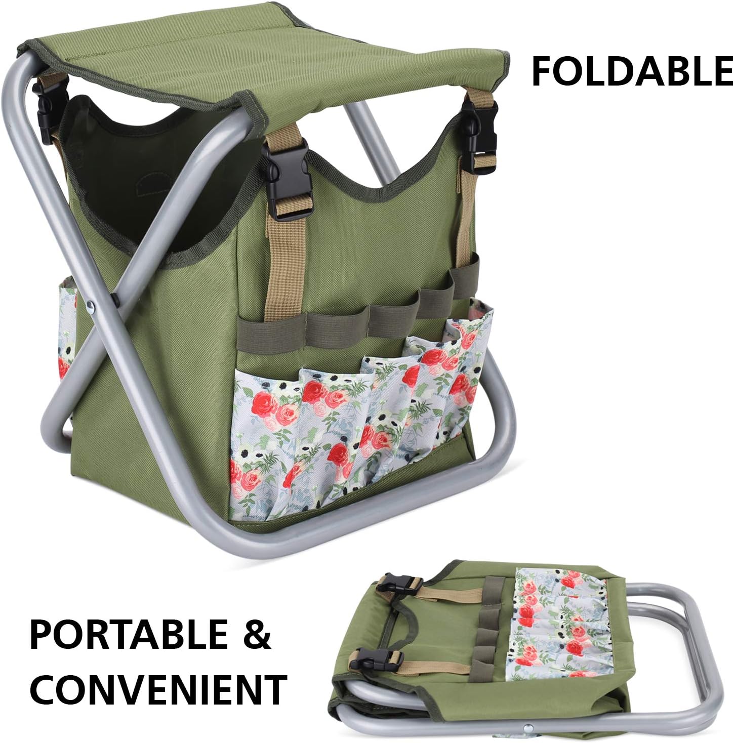 Good GAIN Garden Tools Stool, 12 pcs Gardening Hand Tools Set with Folding Chair Seat and Garden Storage Tote Bag, Garden Tools Carrier, Digging, Gardening Gifts Set for Mom/Dad and Gardeners. Rose: Garden & Outdoor