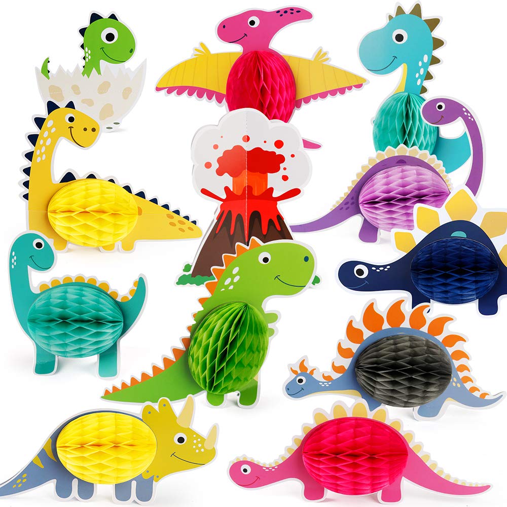 Mocoosy 12 PCS Dinosaur Party Honeycomb Centerpieces for Table Decorations, Little Dino Center Piece Table Topper for Kids Dinosaur Theme Birthday Party Baby Shower Dino Honeycomb Ball Decorations