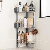 Orimade Rustproof 3 Tier Floor Standing Corner Shower Caddy Organizer with Toothbrush Holder, Large Spacing Floor Shower Shelf Rack Storage Stands with Hooks for Bathroom Kitchen, Silver