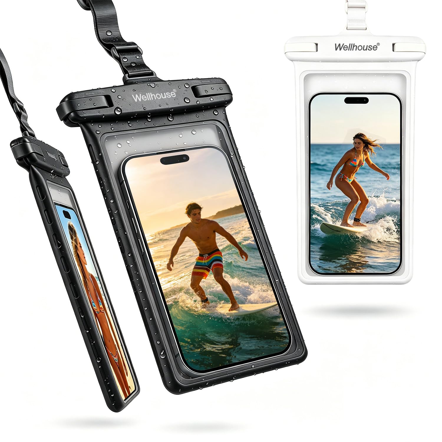 wellhouse Waterproof Phone Pouch, Waterproof Phone Case for iPhone 17 16 15 14 13 Pro Max XS Samsung, IPX8 3D Cellphone Dry Bag Beach Essentials (2 Pack - Black & White8.0, 8 inch)