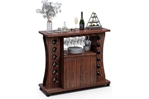 PETSITE Rolling Wine Bar Cabinet, Liquor Storage Trolley Cart w/ 12 Bottles Wine Rack, Glass Holder, 2-Door Cabinet, 5 Casters, Accent Sideboard Buffet on Wheels for Kitchen, Dining Room, Living Room