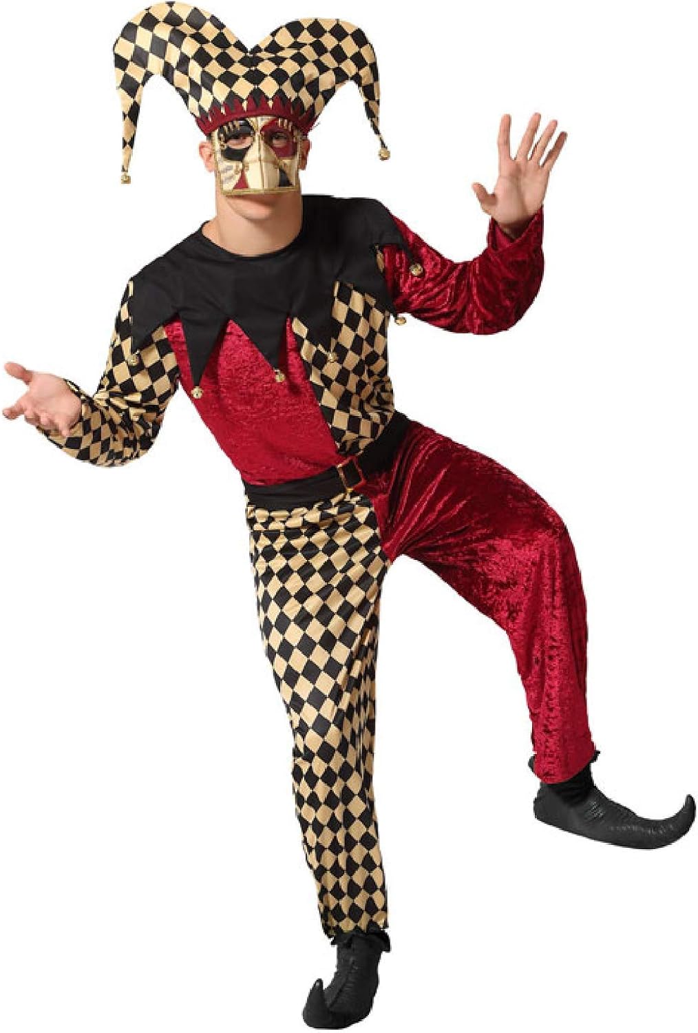 Costume da uomo rosso nero oro campana arlecchino giullaro circo Joker