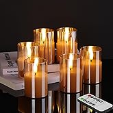 Girimax Gold Glass Flameless Votive Candles with Remote Timer, Real Wax Flickering Small LED Pillar Candles Set of 6