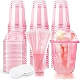 16oz Disposable Stemless Glasses With Dome Lids and Straws,PET Disposable Drinking Cups,Clear Plastic Wine Glasses for Parties Birthday,Wedding,Meeting,Christmas Party Supplies (50, Pink)
