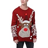Ugly Christmas Sweater for Unisex Adults Woman Man Funny Reindeer Snowflakes Red Knitted Xmas Pullover