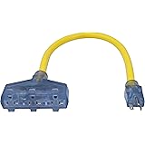 Clear Power 2 ft (Short) 3 Outlet Generator Extension Cord Adapter with Lighted End, T-Blade 20 Amp Grounded Plug, Yellow, C1