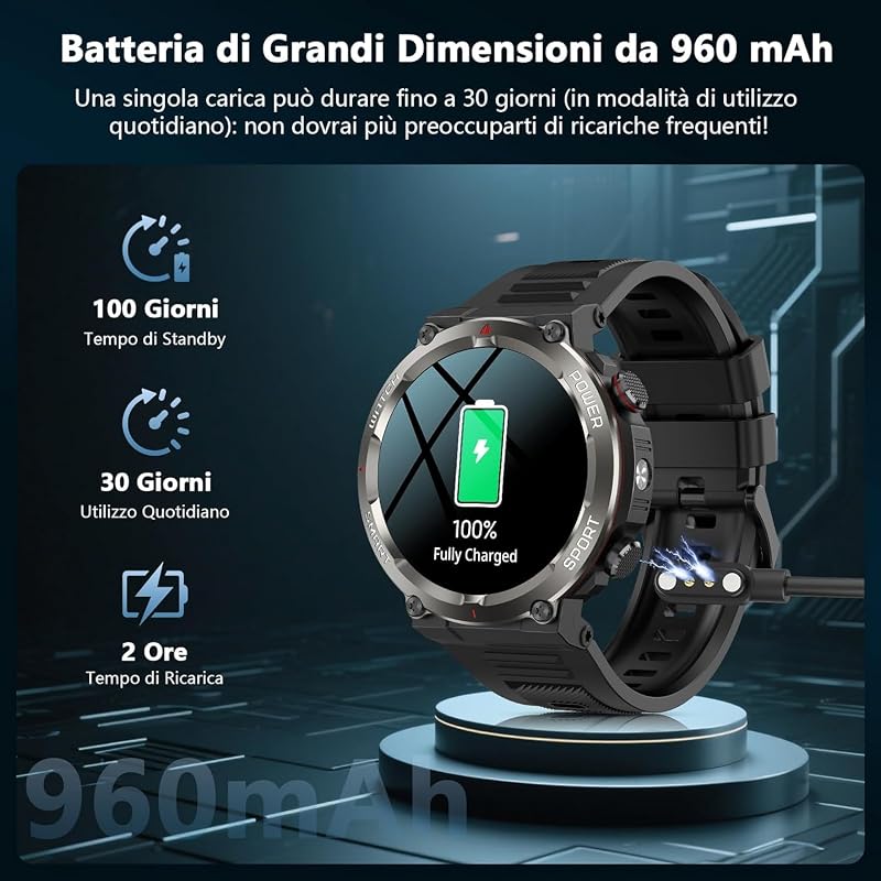 Smartwatch Uomo con Batteria 960mAh, Torcia LED, Bussola