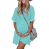 PYGFEMR Women's Summer Short Sleeve Babydoll Dress Casual Button Down Dresses with Pockets Blue Green L