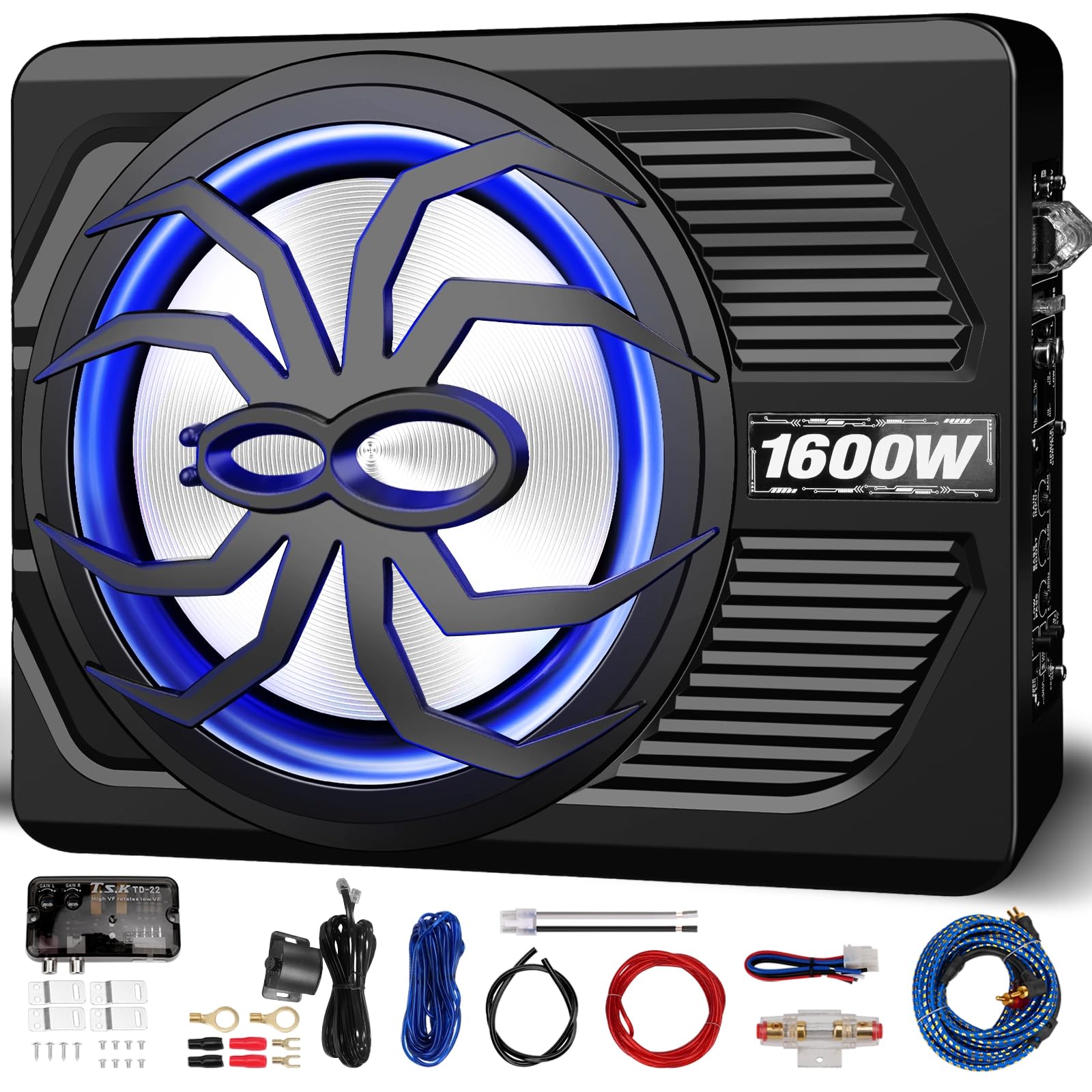 Photo 1 of WDiYA 2026 Upgraded 1600W Car Subwoofer, 10" Ultra-Thin Powered Under-Seat Sub with Built-in Amplifier, (LPF/Gain/Bass Boost) LED Ambient Lights, Independent Bass Knob, Distortion-Free Deep Bass