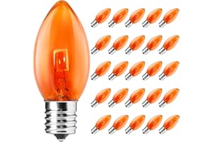 SUNSGNE 25 Pack C9 Orange Replacement Light Bulbs, Halloween Christmas Orange Light Bulbs for E17 Base Outdoor String Lights, E17 Intermediate Base Light Bulbs, 7 Watt, Clear Orange