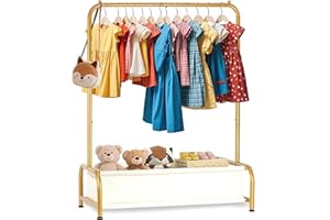 Atrastout Kids Clothing Rack-Portable Kids Clothing Rack with Storage Shelf - Toddler Garment Organizer for Baby Clothes, Dance Costumes, Girls Gift Ideas（Bright Gold）