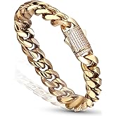 Luxfine 12mm Miami Cuban Link Bracelet 14K REAL Gold Plated Hypoallergenic Premium Stainless Steel Hip Hop Jewelry For Men Women Father Day Birthday Gift (No Color Fade, Double-sided Iced Out Clasp)