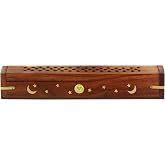 COTTON CRAFT Sheesham Wood Incense Burner Holder -Sun Moon Star Brass Inlay | Coffin Style Handmade Aromatherapy Room Freshener - Cone & Incense Stick Burner Ash Catcher with Hidden Storage - 12x2x2 inch