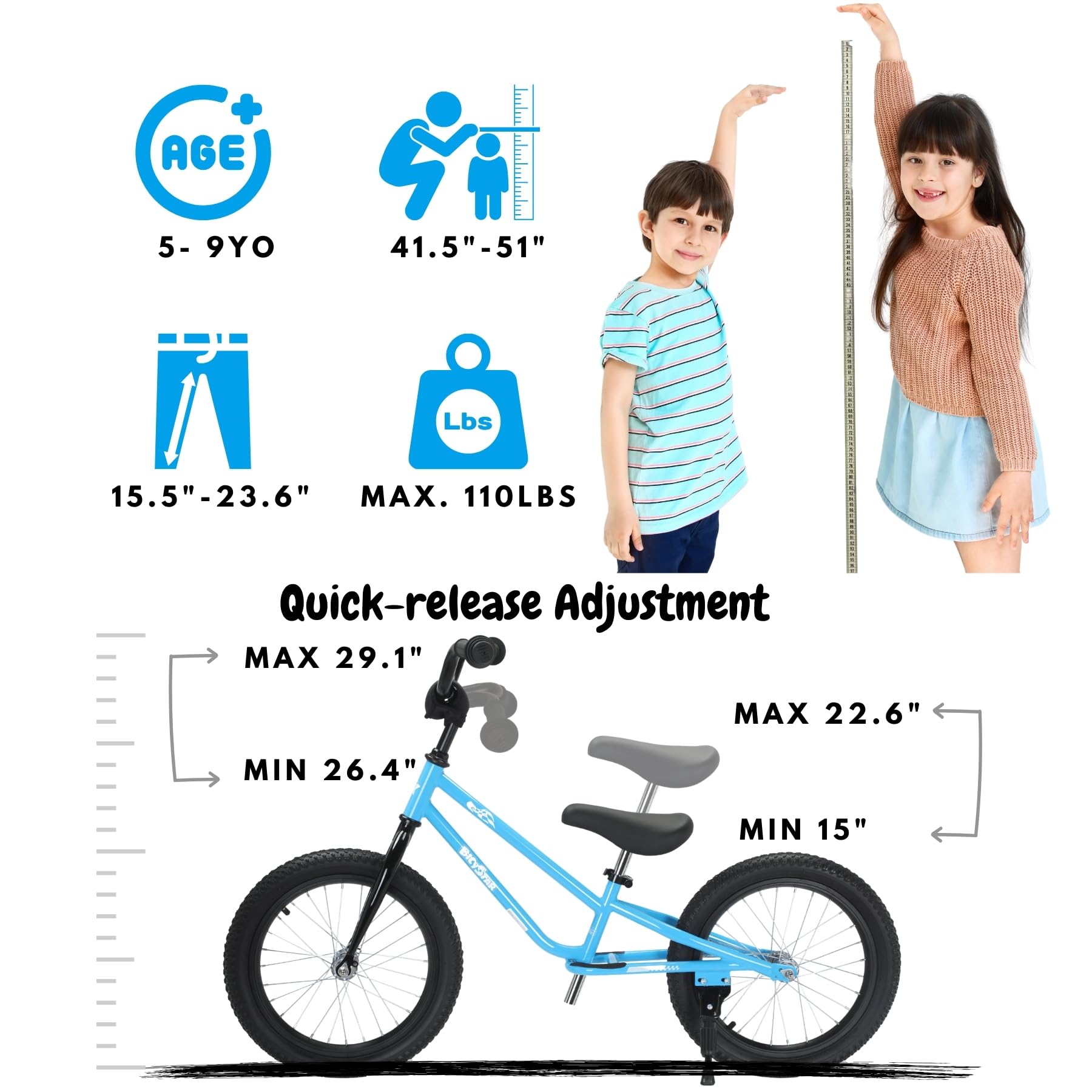 16 Inch Kids Balance Bike for 5-8 Year Old, BMX Kids Bike with No Pedals, Air Rubber Tires, Footrests, Adjustable Height for Big Kids, Boys, Girls