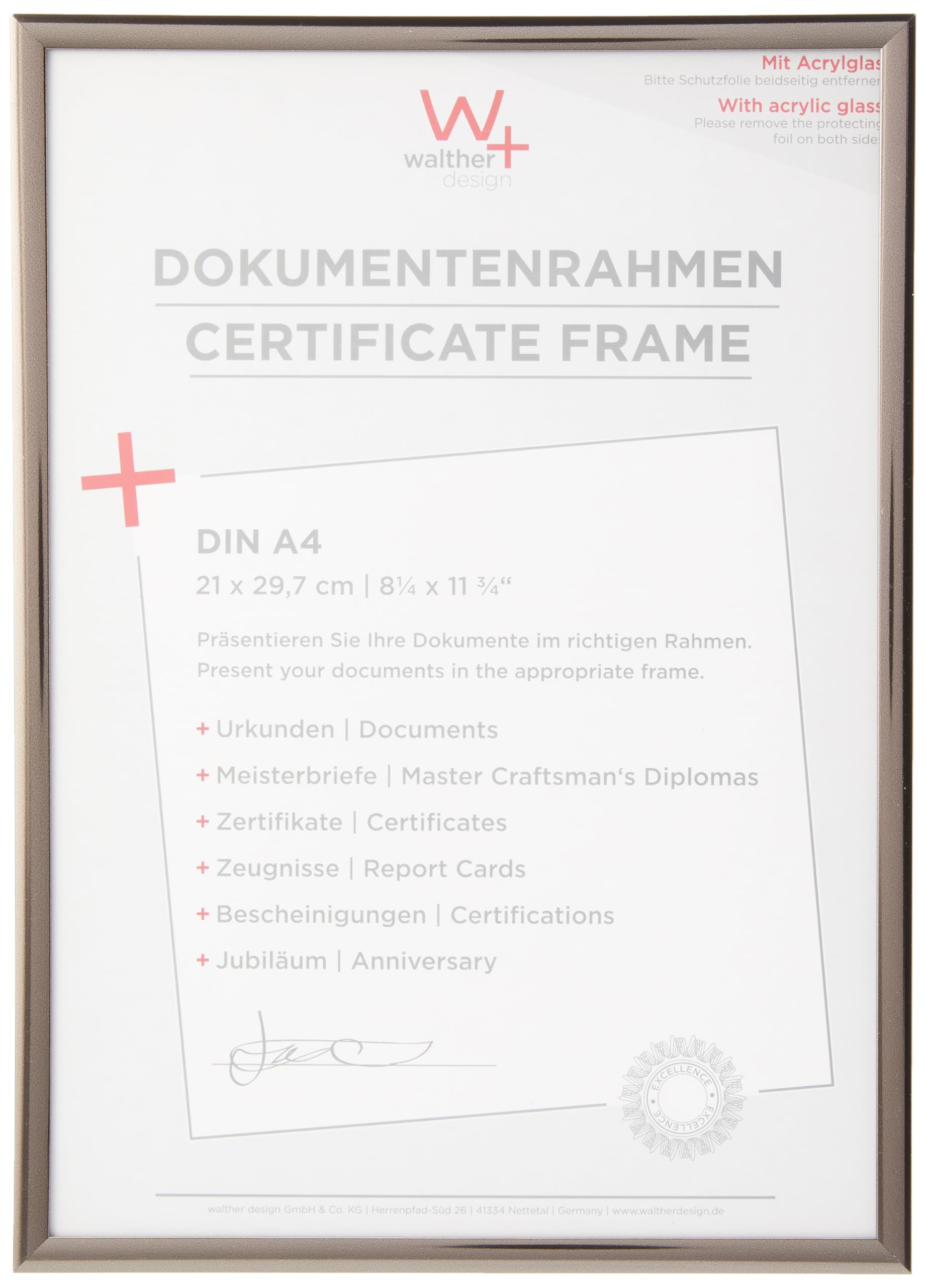 walther Design Picture Frame Steel 21 x 29,7 cm (DIN A4) with Art Glass 3-Pack, New Lifestyle Plastic Frame KVX130D3