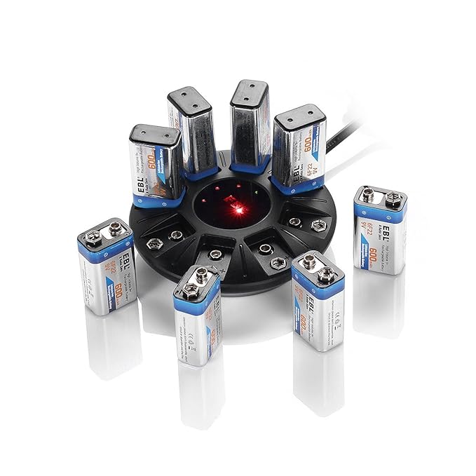 EBL 9V Battery Charger 8 Slot with 9V Rechargeable Batteries 6F22 600mAh High Volume Rechargeable Batteries 8 Pack