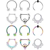 Tvalccoy 16g Septum Clicker Nose Rings Daith Earrings Horseshoe Hoop Smiley Piercing Jewelry Pack for Women Men Surgical Steel Silver-Black/Silver-Rainbow Hypoallergenic
