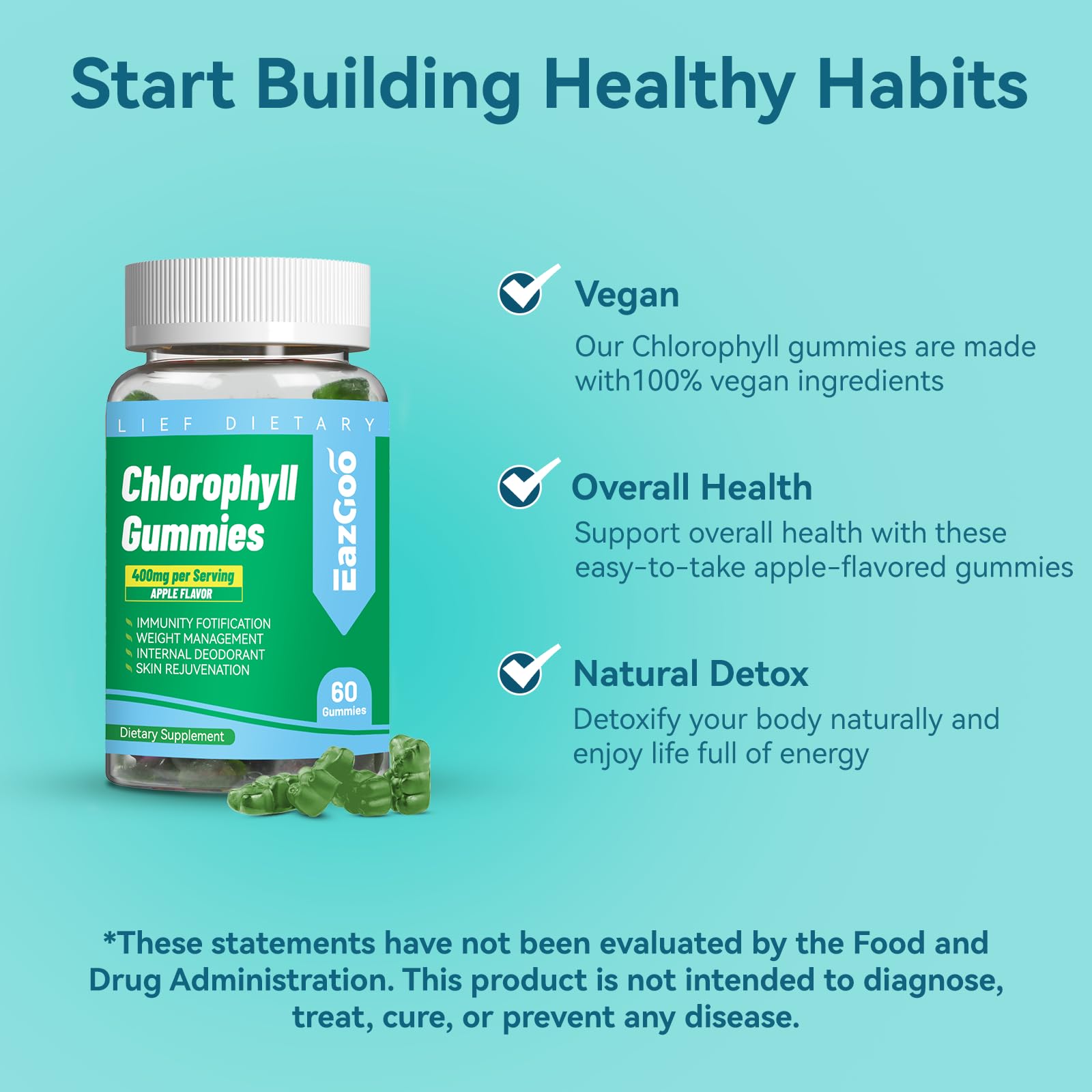 Sugar Free Chlorophyll Gummies, Vitamin B12 Zinc - Natural Deodorant*, Supports Healthy Skin & Body Detox*, Immune & Digestion Support, Chewable Chlorophyll Supplement for Women - 60 Count