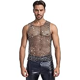 Shiny Rhinestone Men Fishnet Tank Top Sexy Sleeveless Sheer Mesh Rave Outfit Festival Crop Top Vest Shirt for Party Nightclub