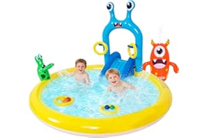 Inflatable Splash Pad for Kids - Monster Spray Pool Set with Slide Sprinkler Toss Rings & Balls, Fun Outdoor Water Toy for Su