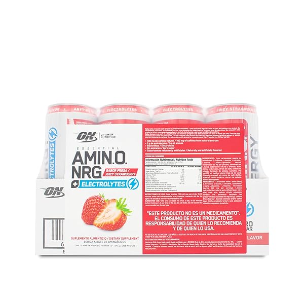 OPTIMUM NUTRITION AMINO ENERGY SPARKLING HYDRATION DRINK, ELECTROLYTES, CAFFEINE, AMINO ACIDS, BCAAS, SUGAR FREE, JUICY STRAWBERRY, 12 FL OZ, 12 PACK (PACKAGING MAY VARY)