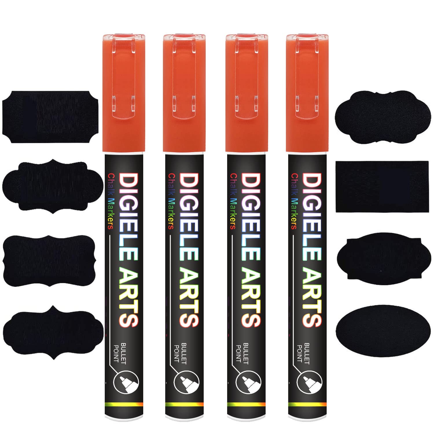 Orange Chalk Marker Pens, DIGIELE 3mm Orange Liquid Pen Markers, Dry or Wet Wipe Erase, Reversible Bullet or Chisel Tip for Blackboard, Whiteboard, Window & Glass, 4 Pens & 16 Chalkboard Labels Packed