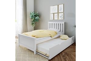Max & Lily Twin Bed, Wood Bed Frame with Headboard For Kids with Trundle, Slatted, White