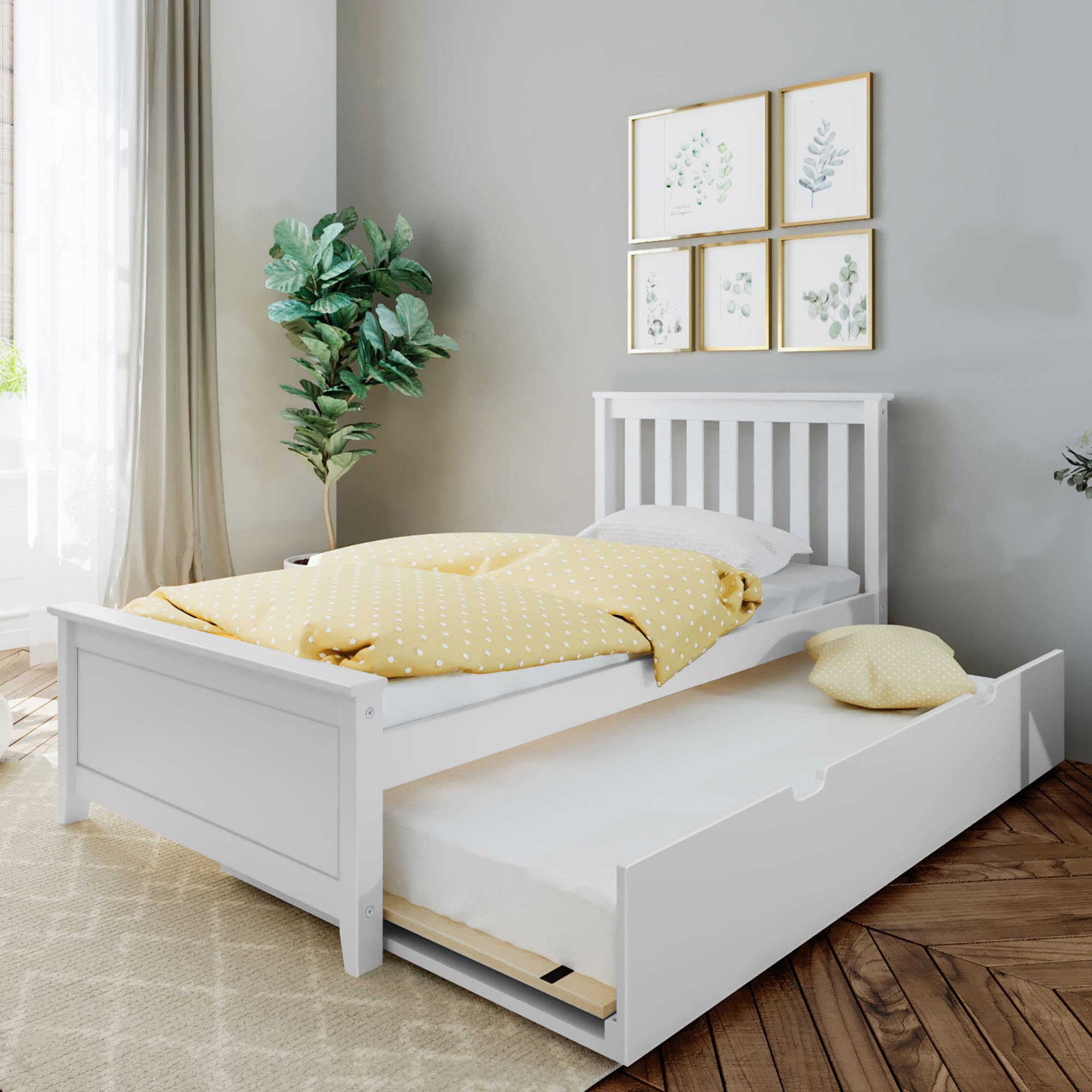 View 1 of
Max & Lily Twin Bed, Wood Bed Frame with Headboard For Kids with Trundle, Slatted, White