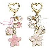 JWIGP 2PCS Floral Butterfly Enamel Keychains for Women, Pink White Heart Cutout Flower Charms Cute Aesthetic Bag Key Gift