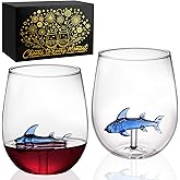Handcrafted Shark Wine Glass - Personalized Set of 2 with 3D Sharks Inside - Red Wine Glasses - Unique Shark Lover Gifts - Ideal for Parties, Birthdays, Weddings - 14 oz Capacity (Blue)