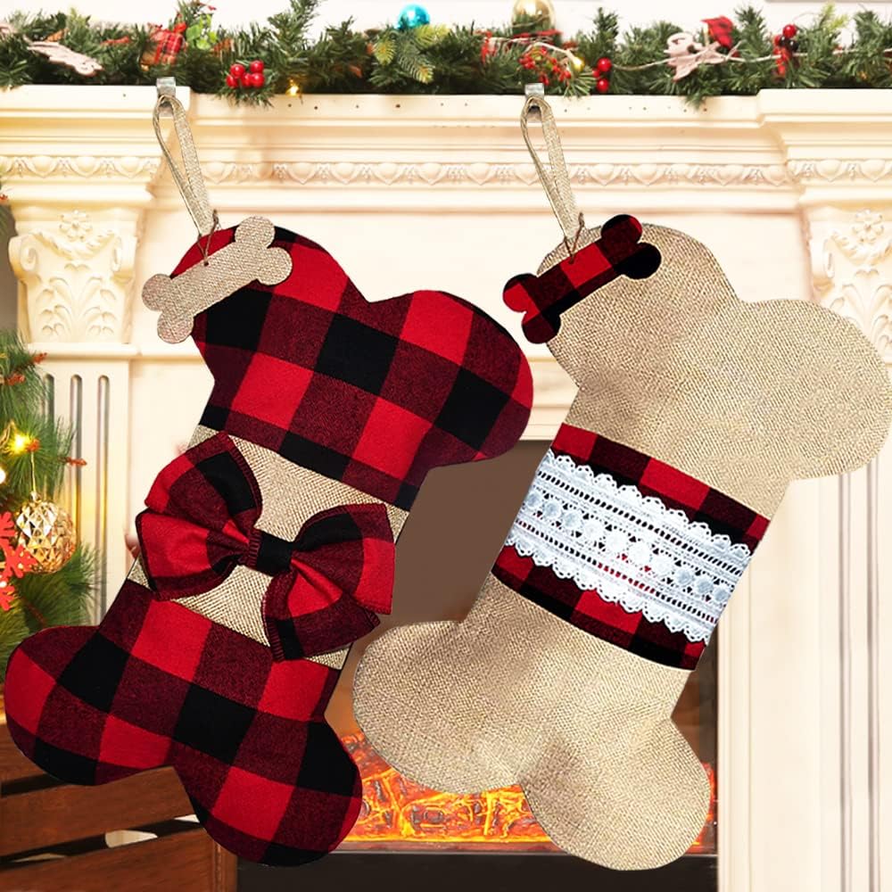 Stockings & Holders - Senneny 2 Pack Pet Dog Christmas Stockings Buffalo Red Black Plaid Burlap Large Bone Shape Hanging Christmas Stocking for Dogs Pets